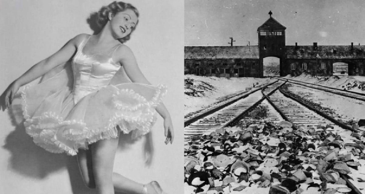 Classical ballet shoes on a concrete floor representing the memory of Franceska Mann at Auschwitz.