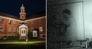 Exterior view of the historic Rolling Hills Asylum building under a gray sky