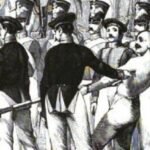 A historical depiction of two rows of soldiers forming a corridor for military discipline in the 18th century