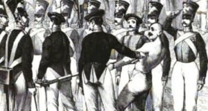 A historical depiction of two rows of soldiers forming a corridor for military discipline in the 18th century