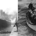A wooden lifeboat floating in the dark, icy waters of the North Atlantic during the Titanic disaster