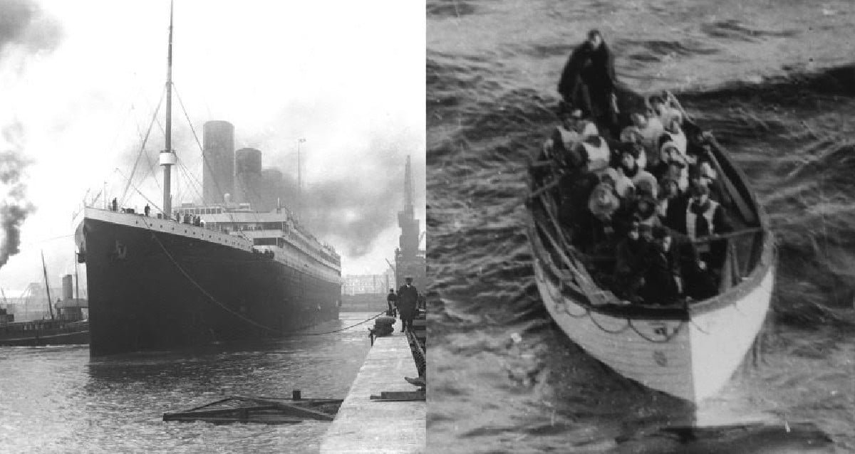 A wooden lifeboat floating in the dark, icy waters of the North Atlantic during the Titanic disaster